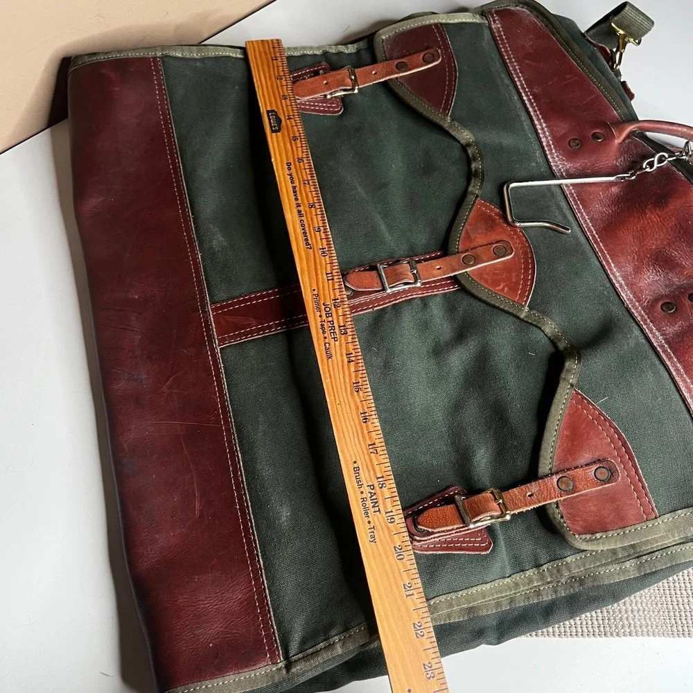 Orvis Garment Bag Vintage Canvas Leather Trim Olive Green Brown Travel Suit Bag